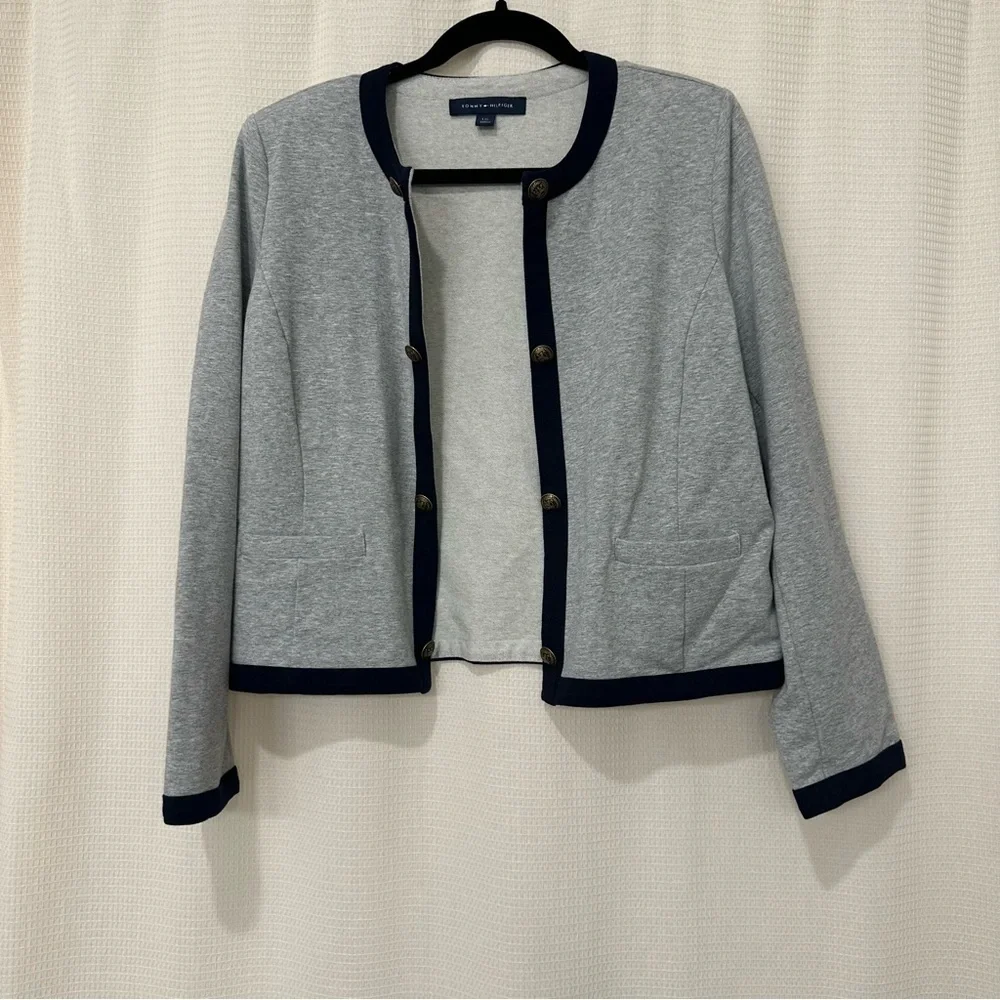 Tommy Hilfiger Gray Navy Trim Button Cardigan Jacket Size L Nautical Preppy Chic
